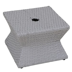 16 in. Square Outdoor Wicker Side Table with Umbrella Hole, Grey