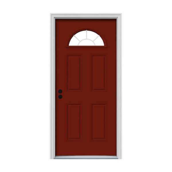 JELD-WEN 36 in. x 80 in. Fan Lite Mesa Red Painted Steel Prehung Right-Hand Inswing Front Door w/Brickmould