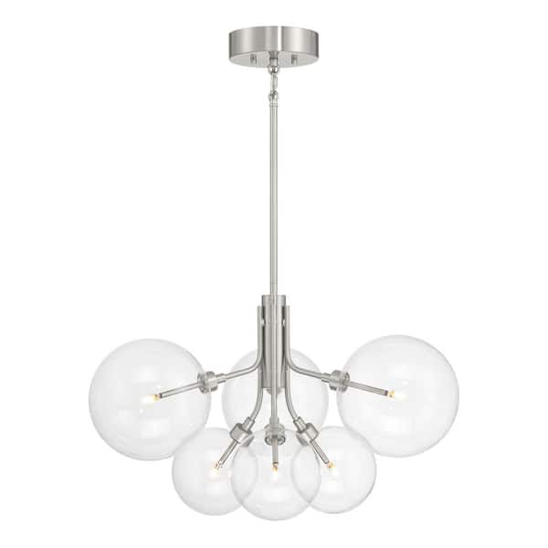 26.75 in. W x 15.5 in. H 6-Light Brushed Nickel Contemporary Chandelier with Clear Glass Shades and LED Light Bulbs