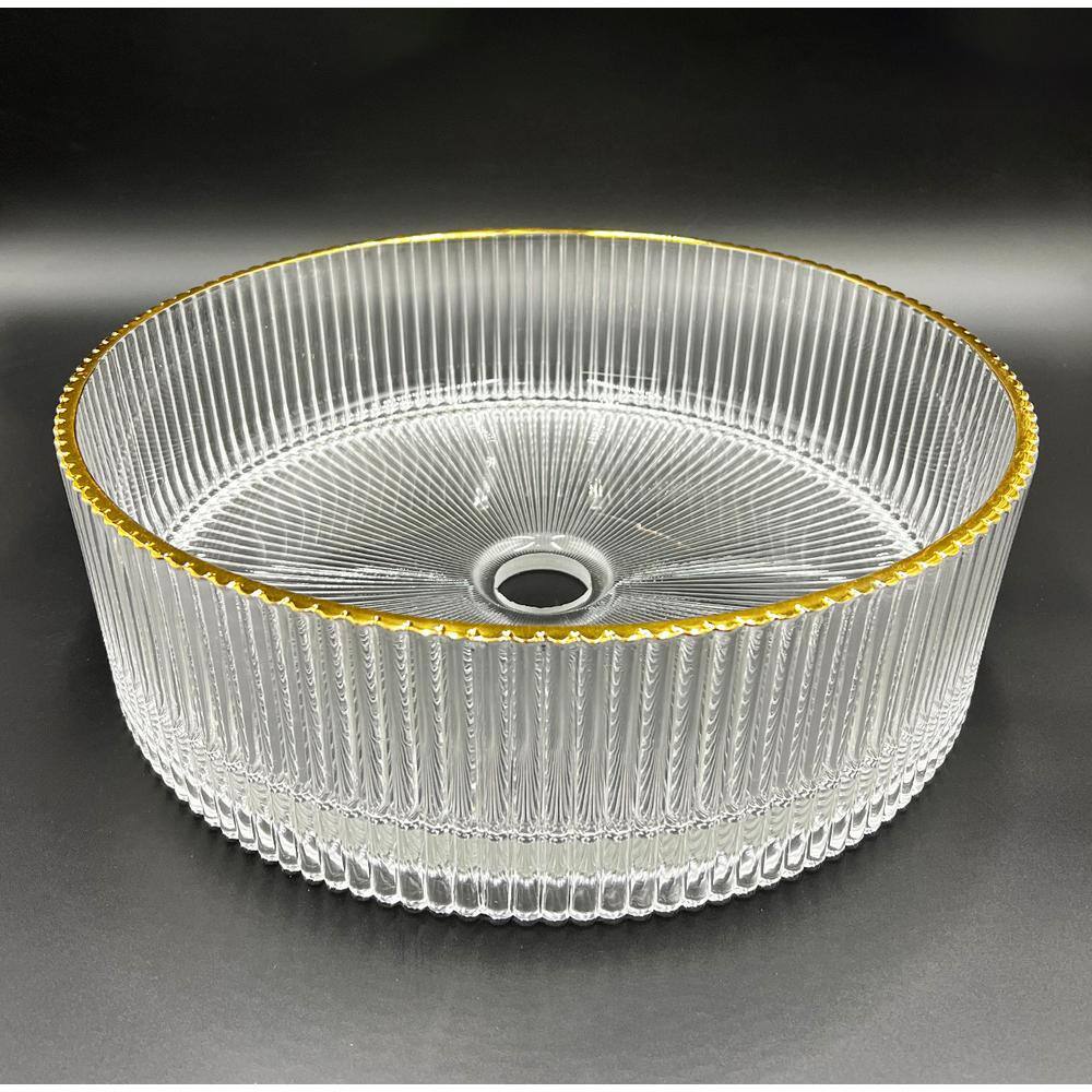 14'' Clear Ribbed Glass Vessel Sink with Gold Rim