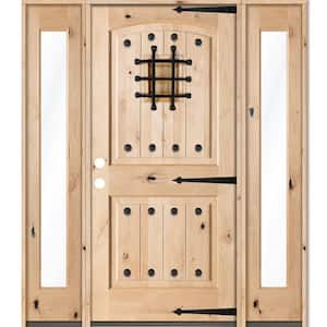 58 in. x 80 in. Mediterranean Unfinished Knotty Alder Arch Right-Hand Full Sidelites Clear Glass Prehung Front Door