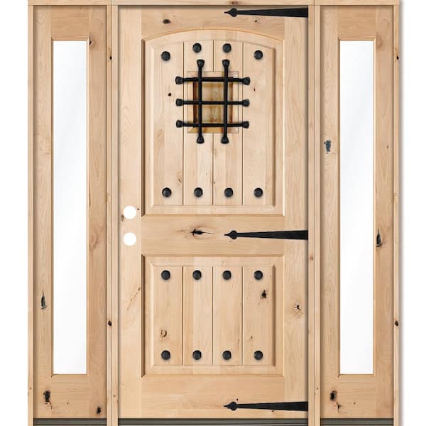 Krosswood Doors 58 in. x 80 in. Mediterranean Unfinished Knotty Alder Arch Right-Hand Full Sidelites Clear Glass Prehung Front Door