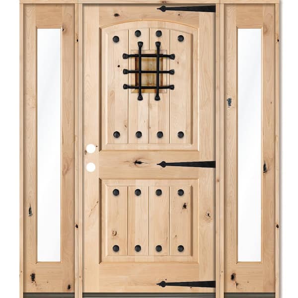 Krosswood Doors 64 in. x 80 in. Mediterranean Knotty Alder Arch Unfinished Right-Hand Inswing Prehung Front Door with Full Sidelites