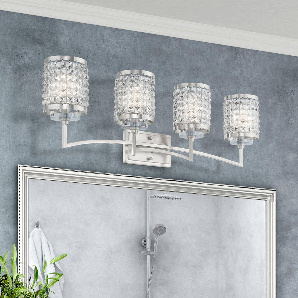 Elegant Grammercy 4-Light Brushed Nickel Vanity with Crystal Shades