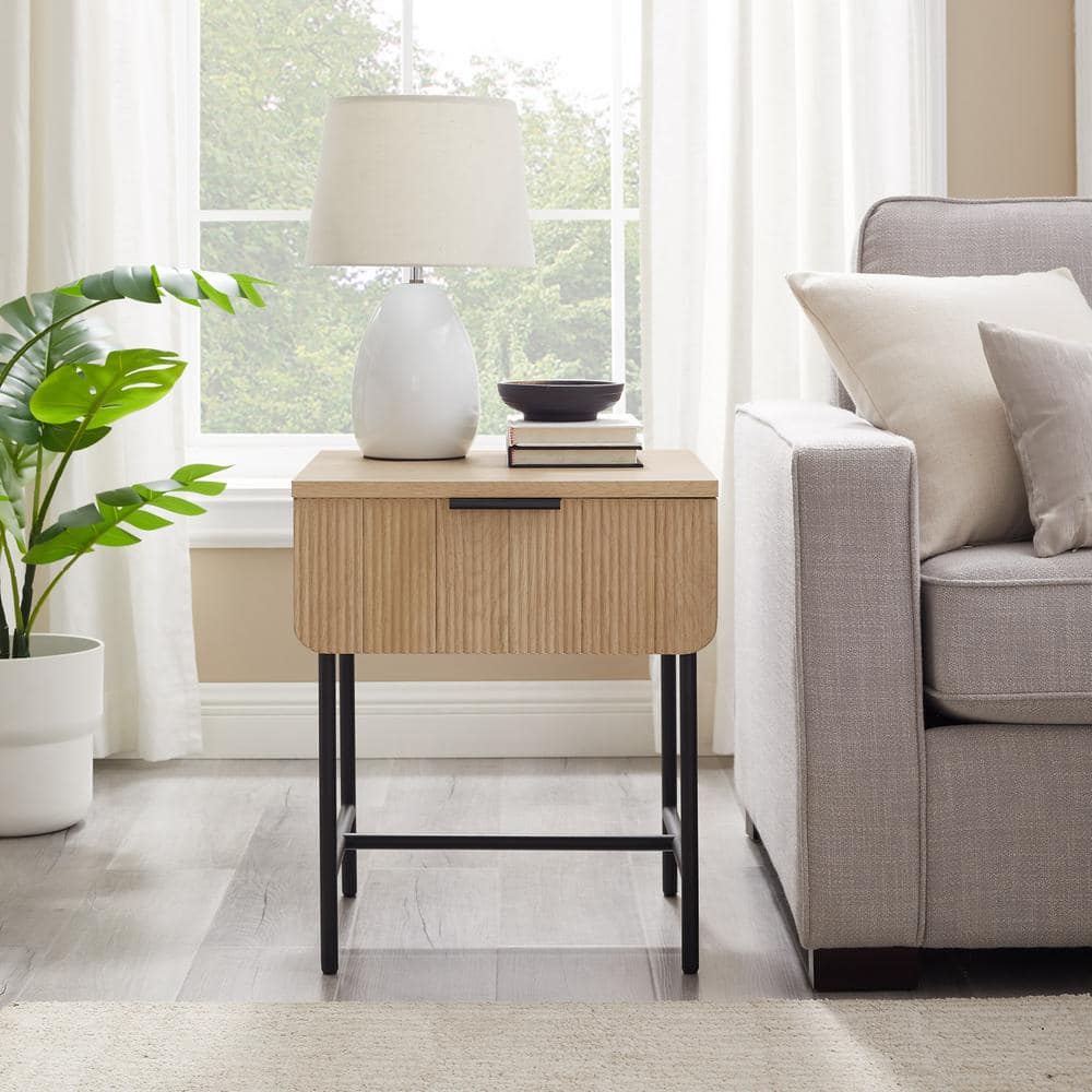 Modern Coastal Oak and Black Fluted Drawer Side Table