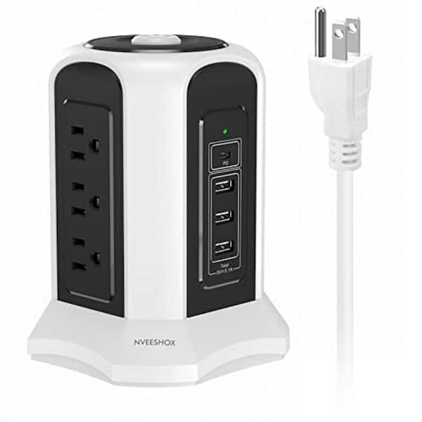 Lukyamzn 9-Outlet Power Strip Tower Surge Protector with USB Ports, 10 ft. Extension Cord, White Black