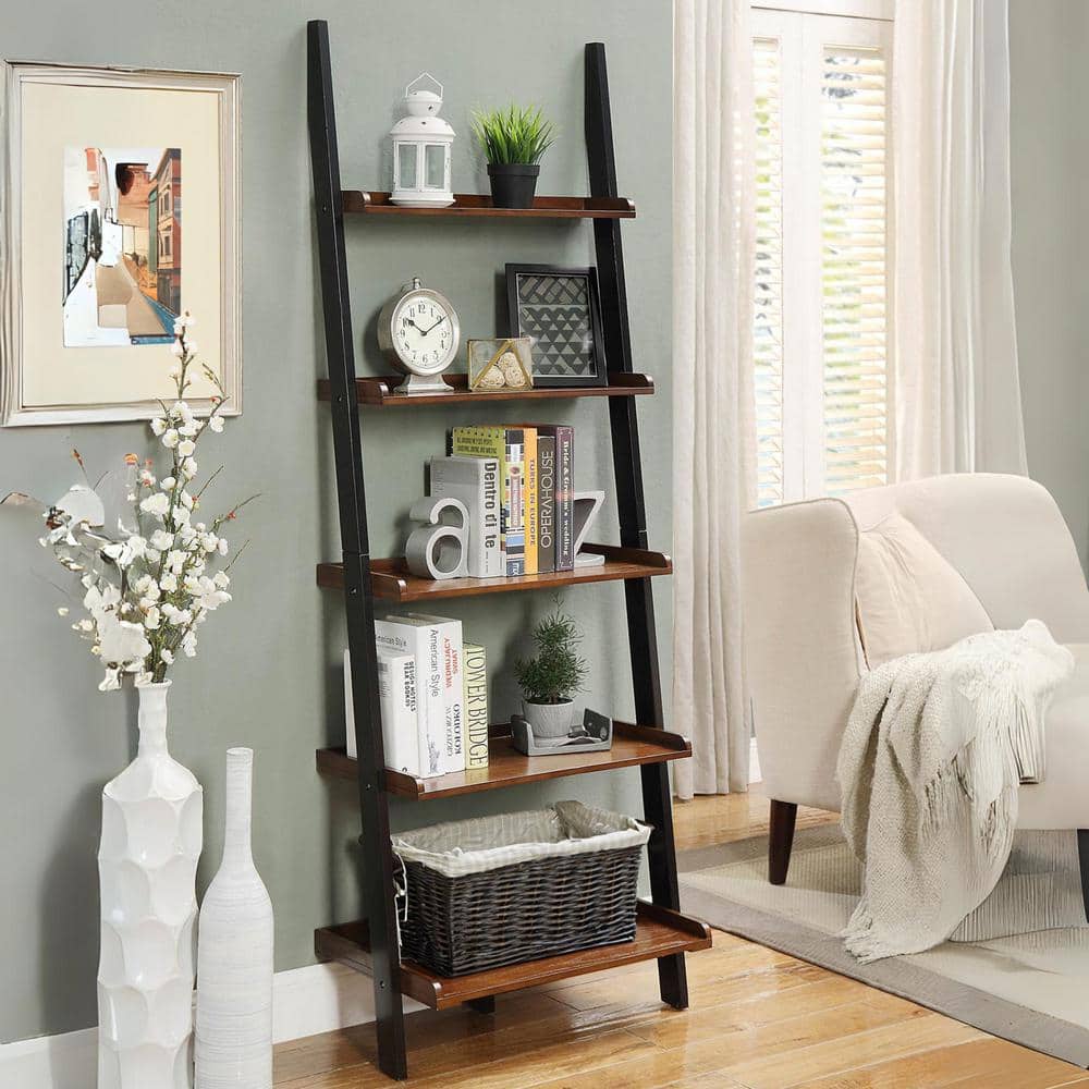 Elegant French Country 5-Shelf Ladder Bookcase in Dark Walnut and Black