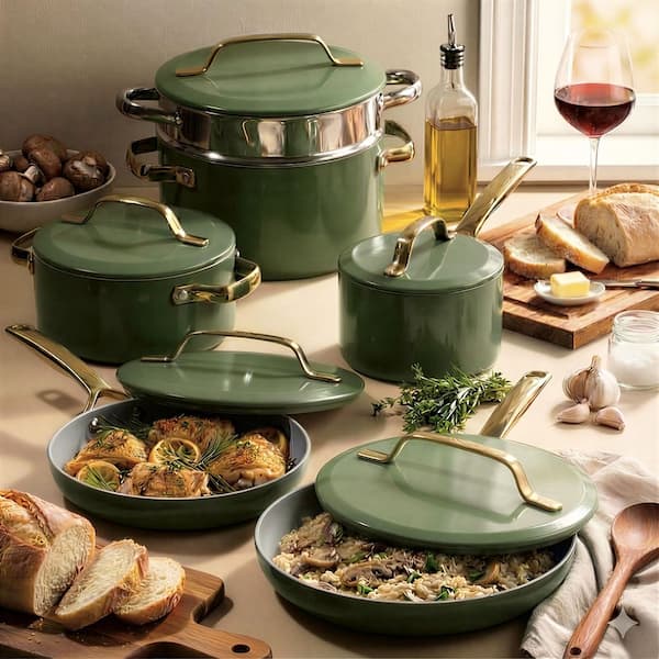 Modern 11-Piece Aluminum Ultra Performance Ceramic Nonstick Cookware Set in Sage