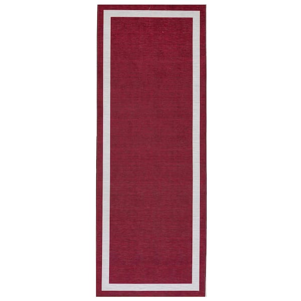 Everest Burgundy Creme 2 ft. 2 in. x 6 ft. Machine Washable Geometric Modern Border Polyester Non-Slip Backing Area Rug