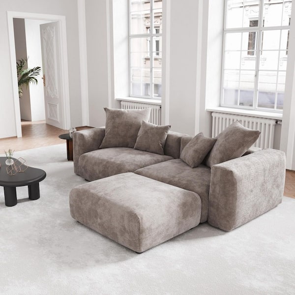 Modern 102 in. Square Arm Corduroy Modular Oversized Floor Sofa Grand Couch with Ottoman and Removable Covers in. Brown