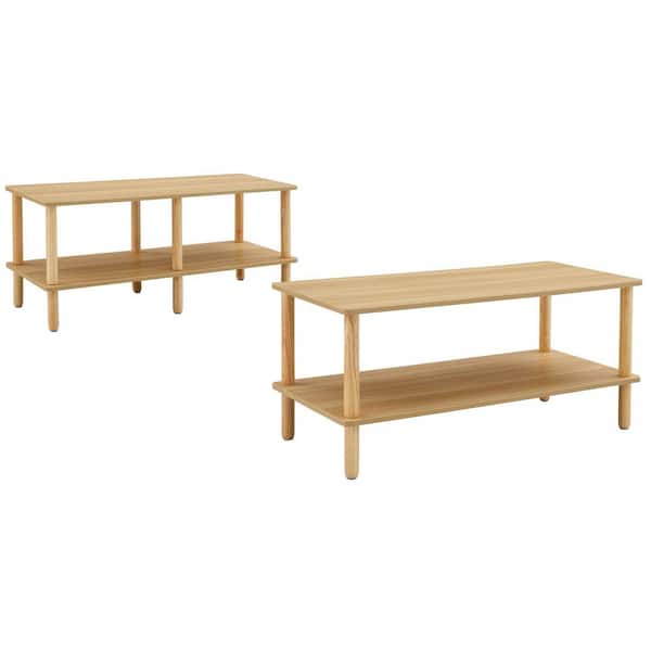 2-Tier Coffee Table and TV Stand, Center Table with Open Storage Shelf, Rounded Rubberwood Legs in Natural, 2 Pack