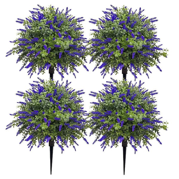 2 ft. Artificial Lavender Topiary Ball Trees with Ground Spike,4 Pack Faux Potted Plants with UV Resistant Purple Flower