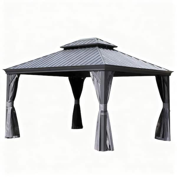 Outdoor Living Hardtop Gazebo 13 ft. x 15 ft. Gray Galvanized Steel Double Roof Patio Pergola