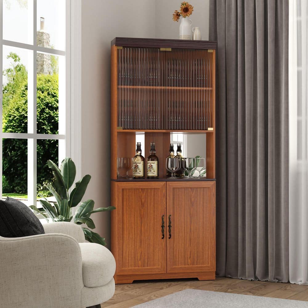 71 in. H Dark Oak Corner Cabinet 5 Tier Freestanding Display Cabinet with Glass Doors Mirrored Back for Living Room price history on PriceWatchPro