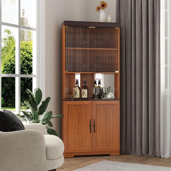 71 in. H Dark Oak Corner Cabinet 5 Tier Freestanding Display Cabinet with Glass Doors Mirrored Back for Living Room