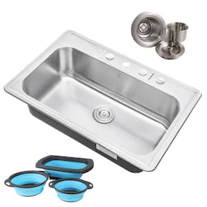 Topmount Drop-In 18-Gauge Stainless Steel 33 in. 4 Faucet Hole Single Bowl Kitchen Sink w/Collapsible Silicone Colanders