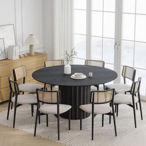 60 in. Natural Oak Wood Black Color Column Pedestal Round Kitchen Table Dining Table Seats 6