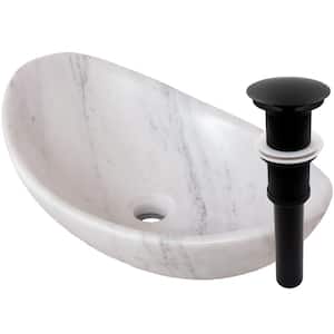 Oval Stone Vessel Sink in White Carrara Marble with Umbrella Drain in Matte Black