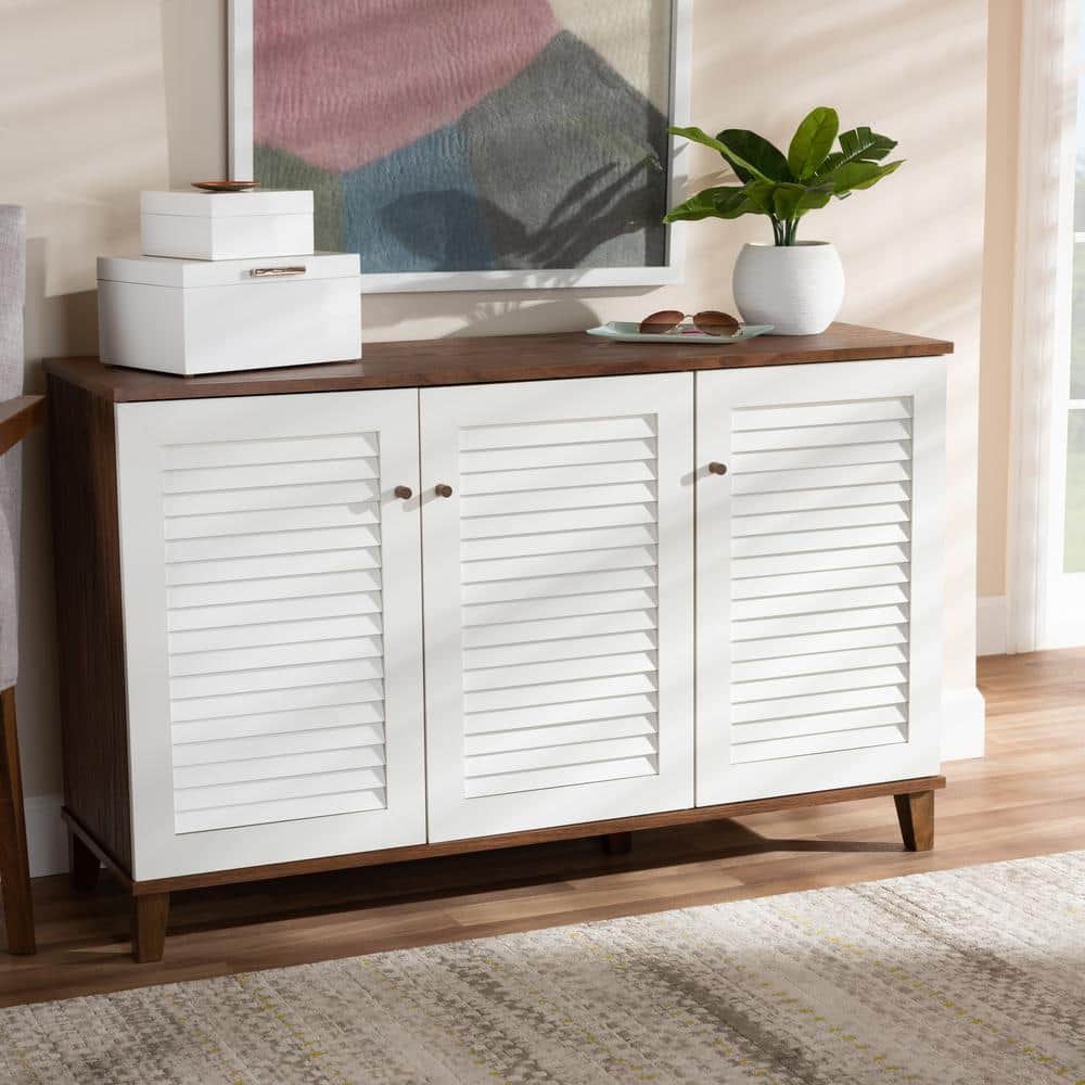 Walnut and White 8-Shelf Wood Shoe Storage Cabinet