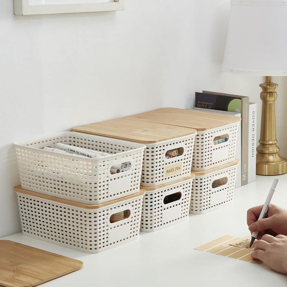 Cream White Plastic Bamboo Lid Decorative Storage Bin Basket Set