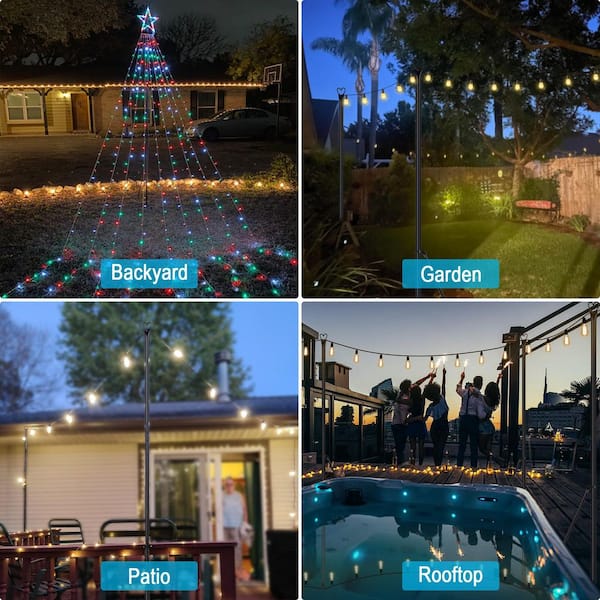 9.8 ft Black Steel Outdoor String Light Poles with 5-Prong Base and Support Rod, Patio Lighting Stand, 2-Pack