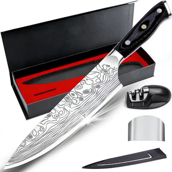 8 in. Stainless Steel Full Tang Chef's Knife with Finger Guard & Knife Sharpener, Super Sharp Professional Kitchen Knife