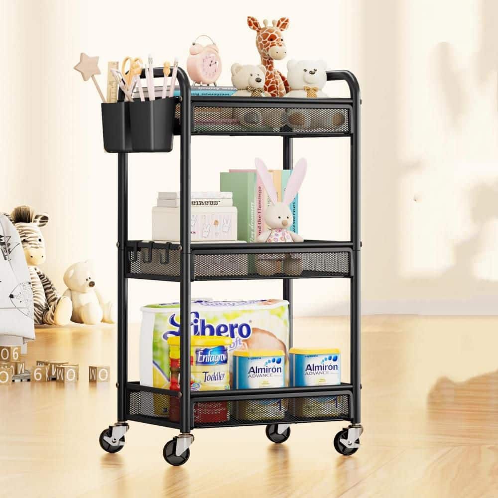 Black 3 Tier Rolling Cart, Metal Utility Storage Carts with Wheels, Craft Carts Organizer with Hanging Cups for Kitchen