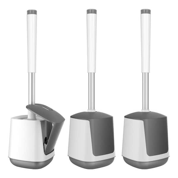 3-Piece Toilet Brush and Holder Bath Accessory Set in White and Grey, Self Closing Lid, Extra Long Handle, Nylon Bristle
