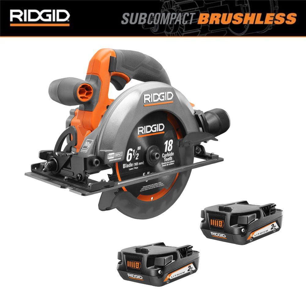RIDGID 18V SubCompact Brushless Cordless 6-1/2 in. Circular Saw with (2) 2.0 Ah Compact Lithium-Ion Batteries -  R86568400802P