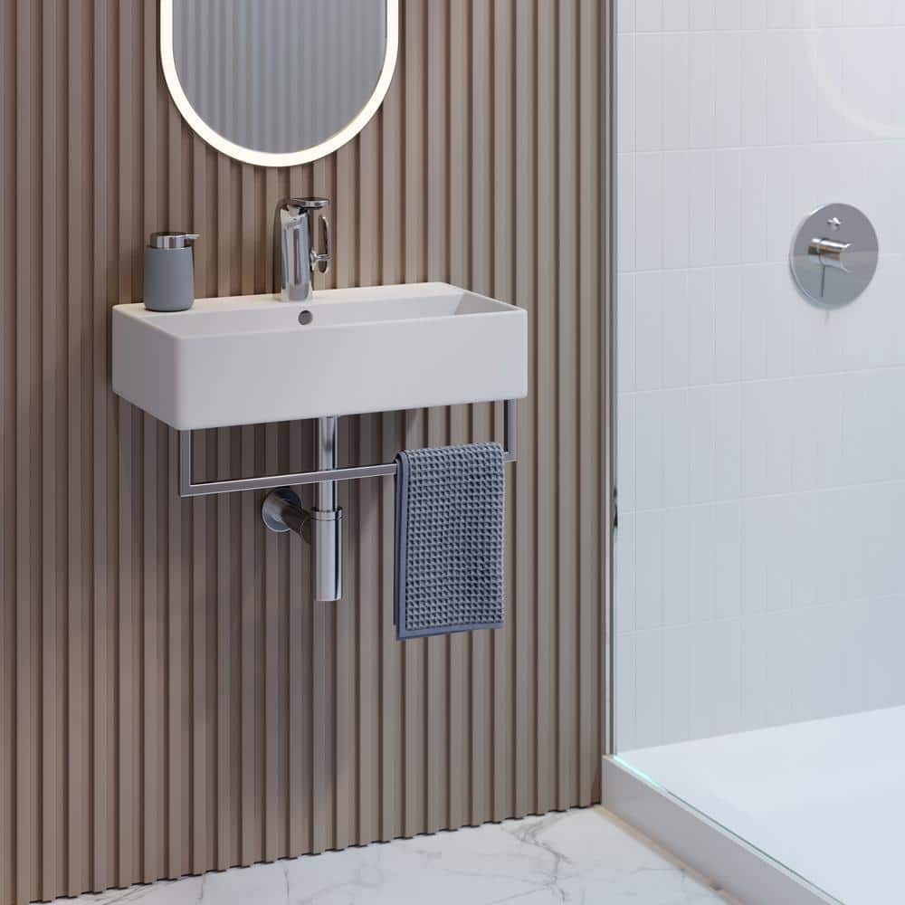 Claire 22" White Ceramic Wall-Mount Vessel Sink with Chrome Towel Bar