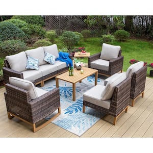 Metal 7 Seat Rattan Wicker 9-Piece Steel Outdoor Patio Conversation Set With Beige Cushions and Wood-Colored Table