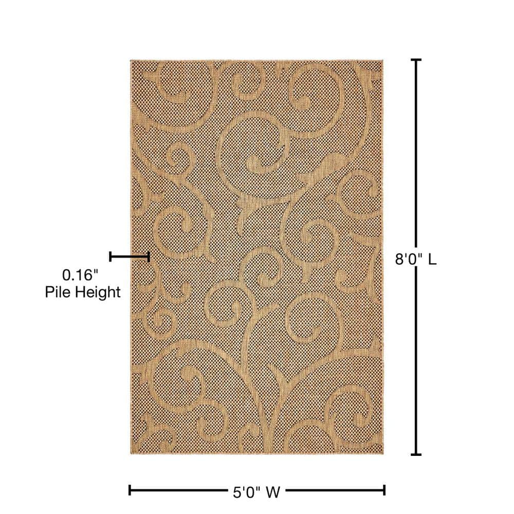 Transitional Easy Care 5' x 8' Light Brown Floral Outdoor Rug