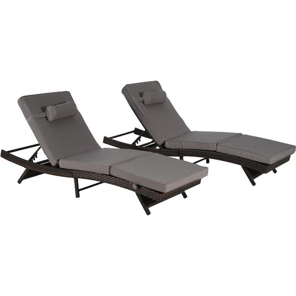 Outdoor Armless Chairs 2-Pieces Wicker and Metal Outdoor Recliner with Dark Gray Cushions