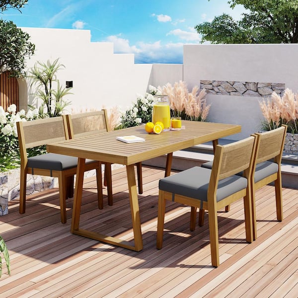 Harper & Bright Designs 5-Piece Acacia Wood Outdoor Dining Set with Gray Cushions and Stylish Chair Back