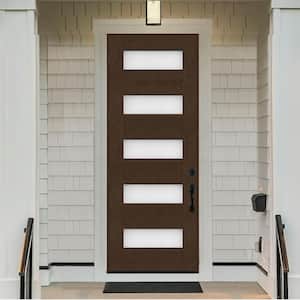 Regency 36 in. x 80 in. 5L Modern Clear Glass RHOS Hickory Stained Fiberglass Prehung Front Door