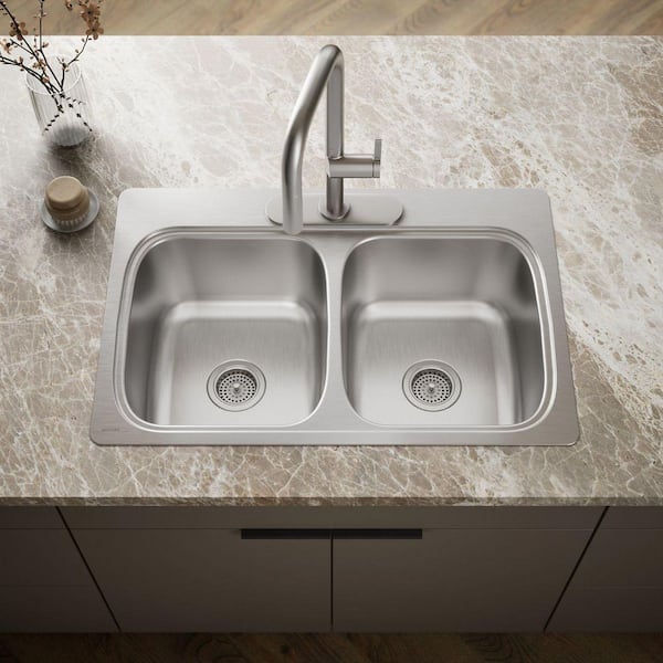 Verse Drop-In Stainless Steel 33 in. 3-Hole 50/50 Double Bowl Kitchen Sink