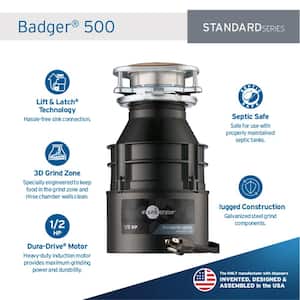 Badger 500 W/C 1/2 HP Continuous Feed Kitchen Garbage Disposal with Power Cord & Putty-Free Sink Seal