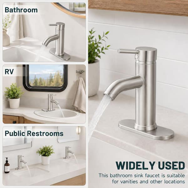 Simple Single-Handle Single-Hole Bathroom Brass Sink Faucet with Pop-Up Drain Assembly Kit Included in Brushed Nickel