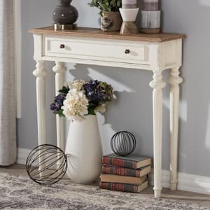 Marquetterie 10 in. White/Natural Standard Rectangle Wood Console Table with Drawers