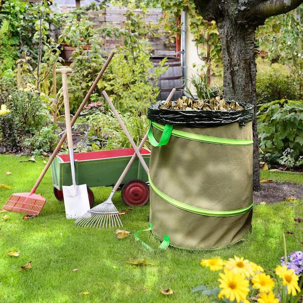 47 Gallon Collapsible Garden Bag Heavy Duty Fabric Leaf Bin Pop Up Yard Waste Bag with Hard Bottom Leaf Collecting Tool