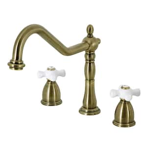 Heritage 2-Handle Deck Mount Widespread Kitchen Faucets in Antique Brass
