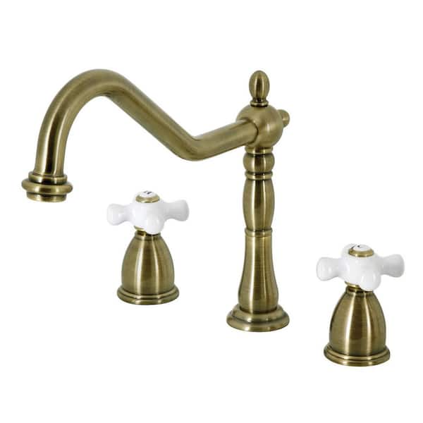 Kingston Brass Heritage 2-Handle Deck Mount Widespread Kitchen Faucets in Antique Brass