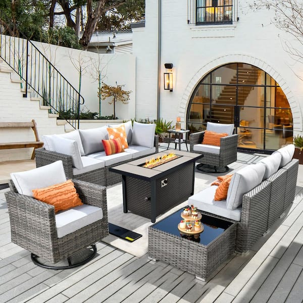 Ethereal Grove 11-Pieces Wicker Outdoor Patio Rectangular Fire Pit Set and Swivel Rocking Chairs with Gray Cushions