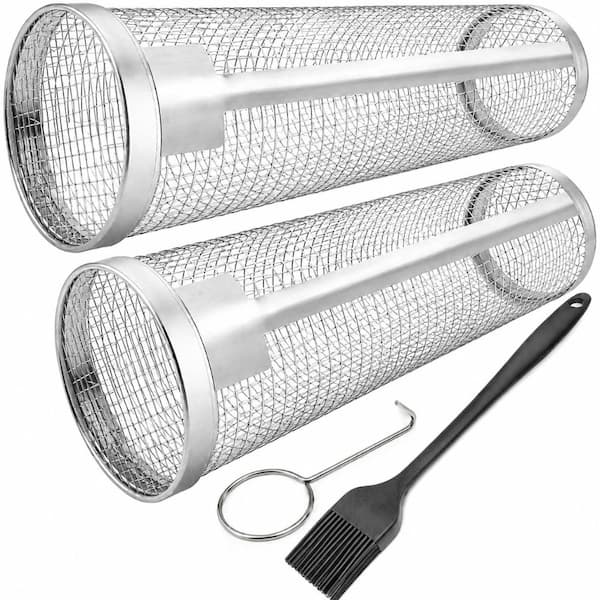 Stainless Steel Rolling Grill Baskets 2-Pack, 11.8 in. Long Mesh Cylinders for Outdoor Cooking