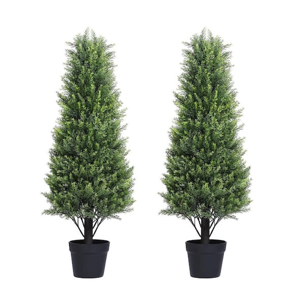 Unbranded 3 ft. Artificial Topiary Cedar Trees, Outdoors UV Protection Fake Cypress Tree, Evergreen Pine Potted Plants (2-Pack)