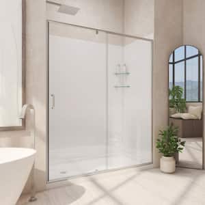 32 in. D x 60 in. W x 78 3/4 in. H Pivot Semi-Frameless Shower Door Base and White Wall Kit in Brushed Nickel