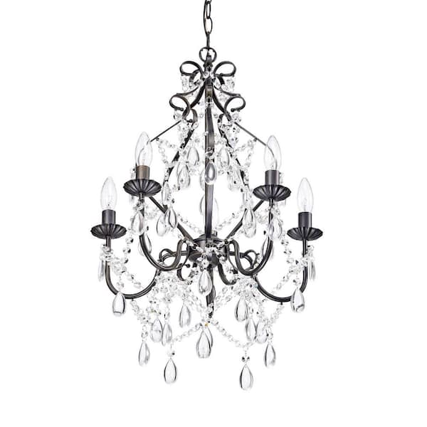 Jojospring Iris 17 in. W 5 Light Chandelier with Rustic Antique Black Iron and Crystal Candle