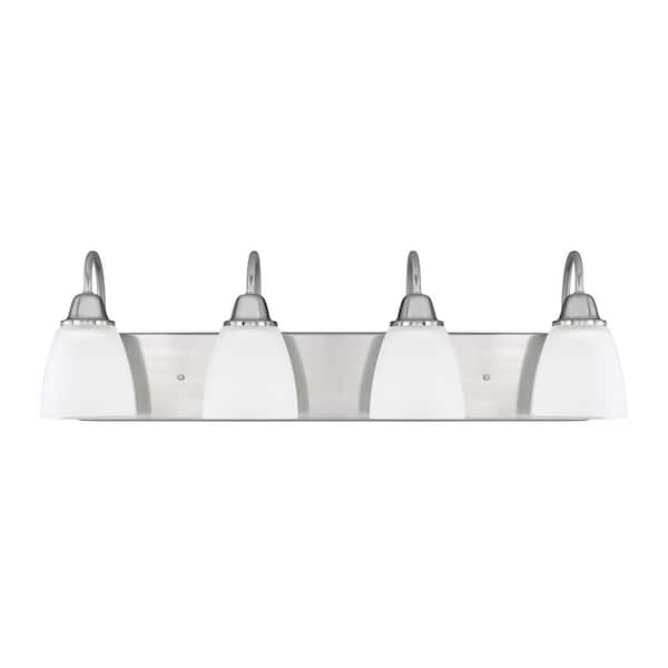 30 in. W x 8.5 in. H x 8 in. E 4-Light Acid Washed Glass Vanity Light in Brushed Nickel