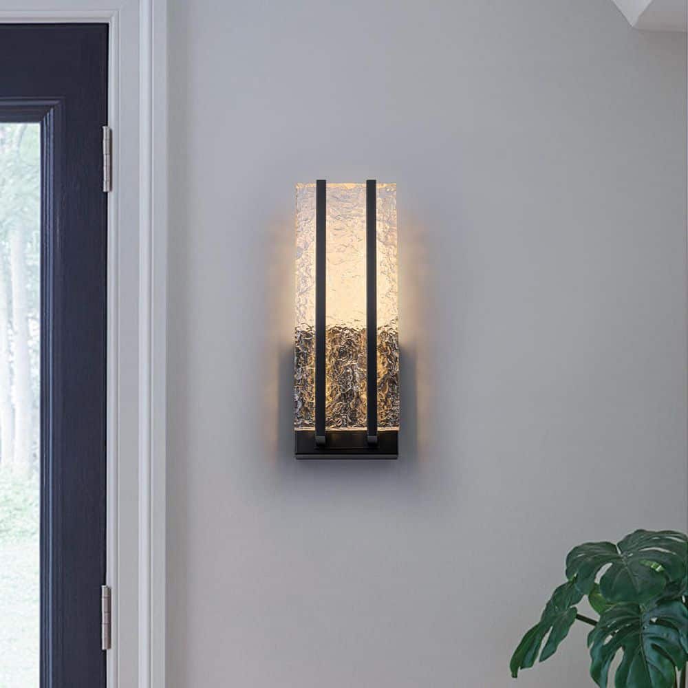 12.8 in. Modern Matte Black Metal Rectangular Dimmable Integrated LED Wall Sconce with Water Pattern Acrylic Shade price history on PriceWatchPro