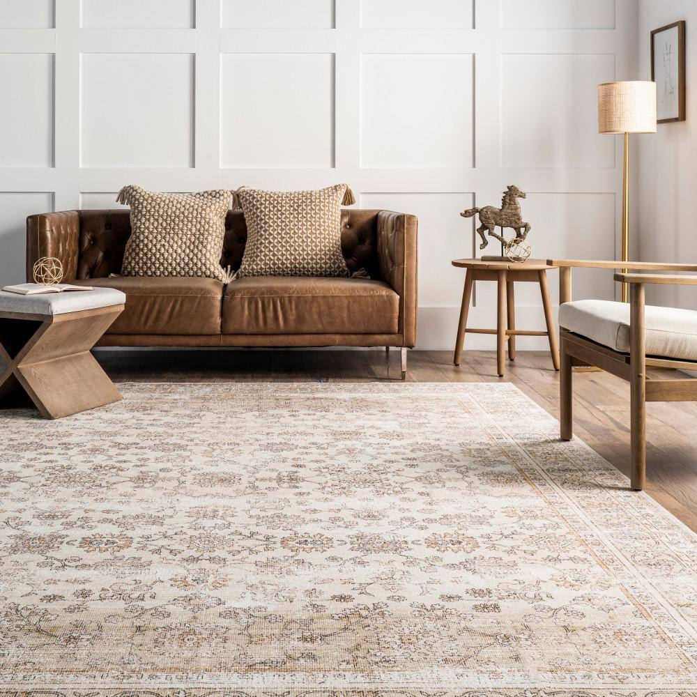 Deadra Beige Vintage Floral Machine Washable Area Rug